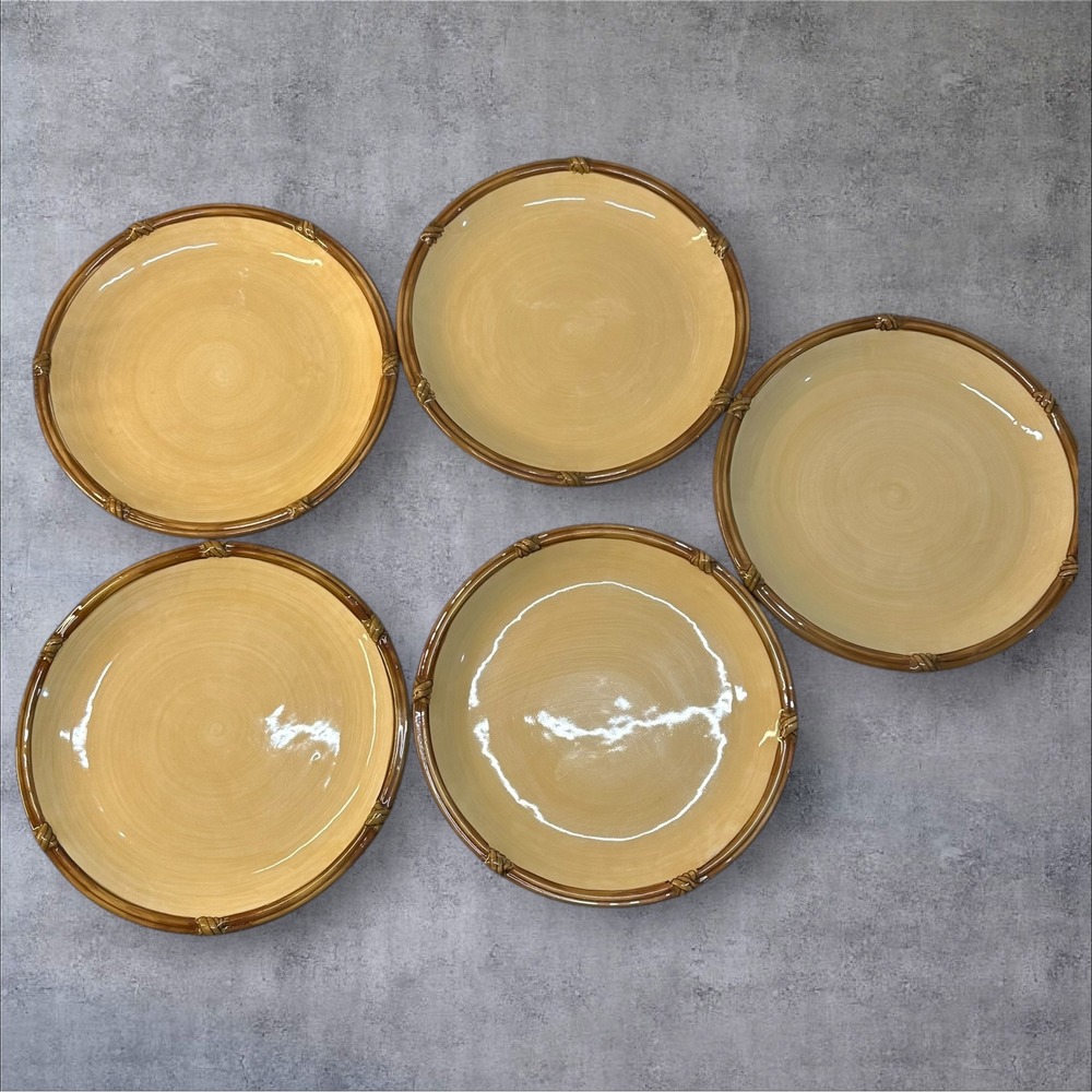 Clay Art Zanzibar Hand Painted StoneLite Plates Set of 5 Beige Bamboo‎ Rim